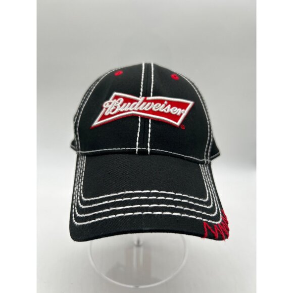Budweiser Black & Red Baseball Cap With White Stitching Adjustable Strapback Hat - Picture 1 of 7